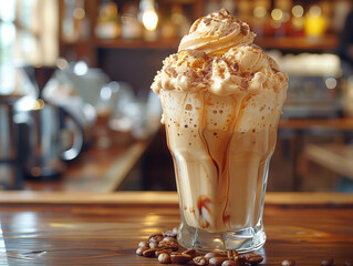 German eiskaffee or iced cold coffee and ice cream. Sweet trend drink for hot summer recipe