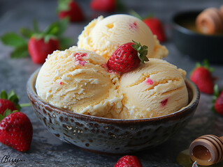 Cottage Cheese Ice Cream served with honey, vanilla extract, strawberry close up, dark background. Easy healthy low calorie dessert