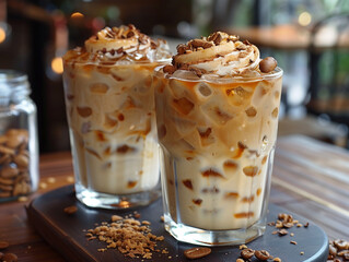 Two glasses of Brown Sugar Vanilla Iced Coffee clod sweet drink with ice served in the cafe