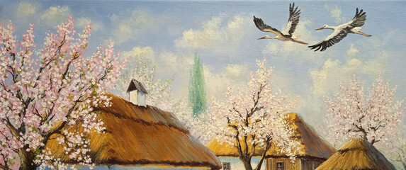 Storks in the morning. Oil paintings rustic landscape, spring in the village, fine art