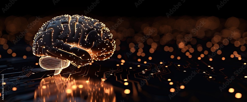 Poster brain-shaped circuit board with ai elements, symbolizing artificial intelligence and machine learnin