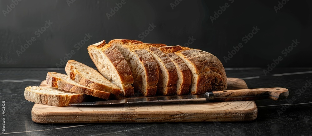 Poster a cutting board with sliced bread and knife set against a black backdrop suitable for adding text or