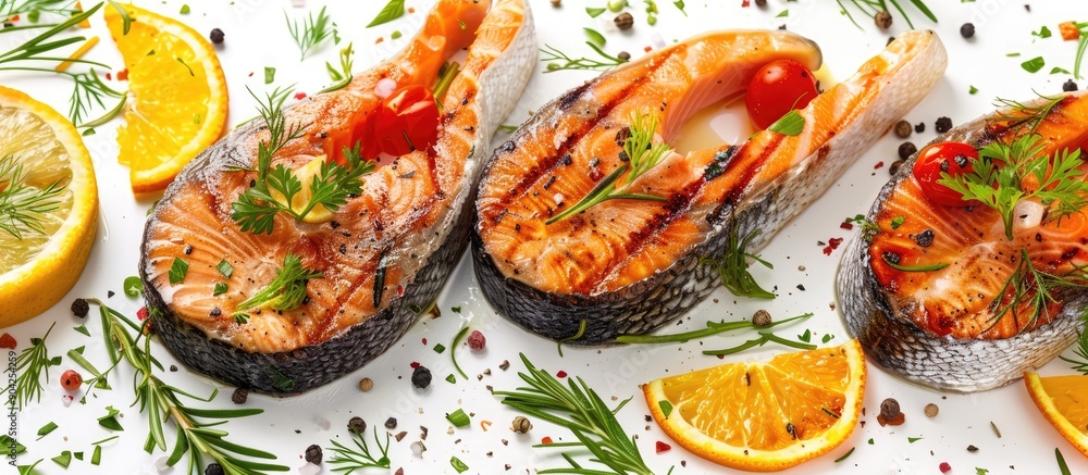 Aufkleber salmon steaks baked and healthy displayed on a white background with copy space image complemented b