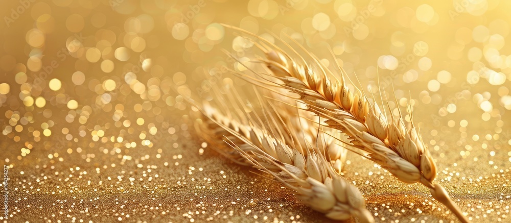 Poster minimalistic agriculture concept featuring two wheat ears on a golden glitter background with ample 