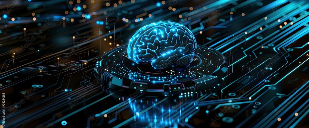 Poster brain in an artificial intelligence on a black background with circuit board elements the scene is i