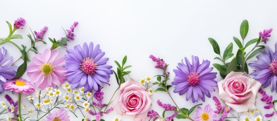 Purple aster flower jasmine and pink rose on a white background for your text quotes or design with a copy space image