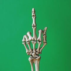 skeleton hand is showing the middle finger against green background