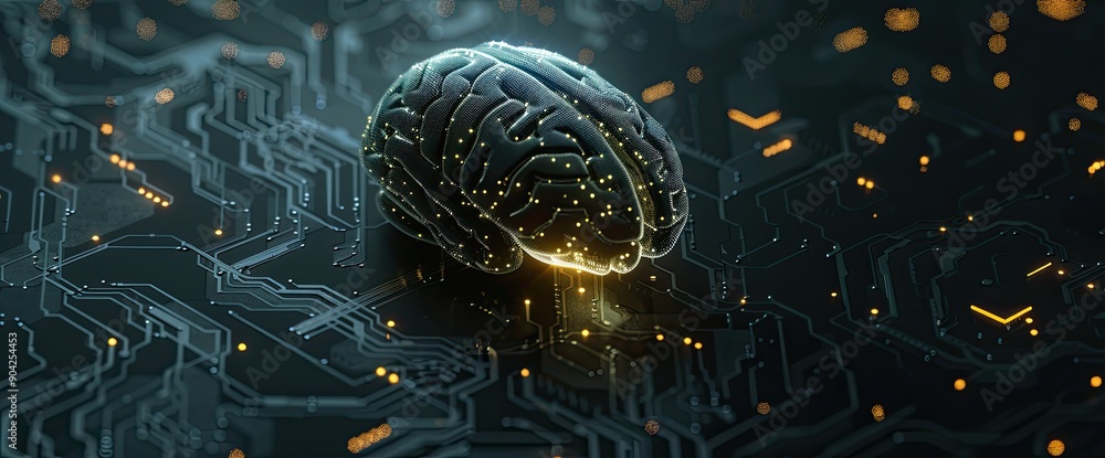 Poster glowing digital brain with a circuit board pattern isolated on a black background generative ai