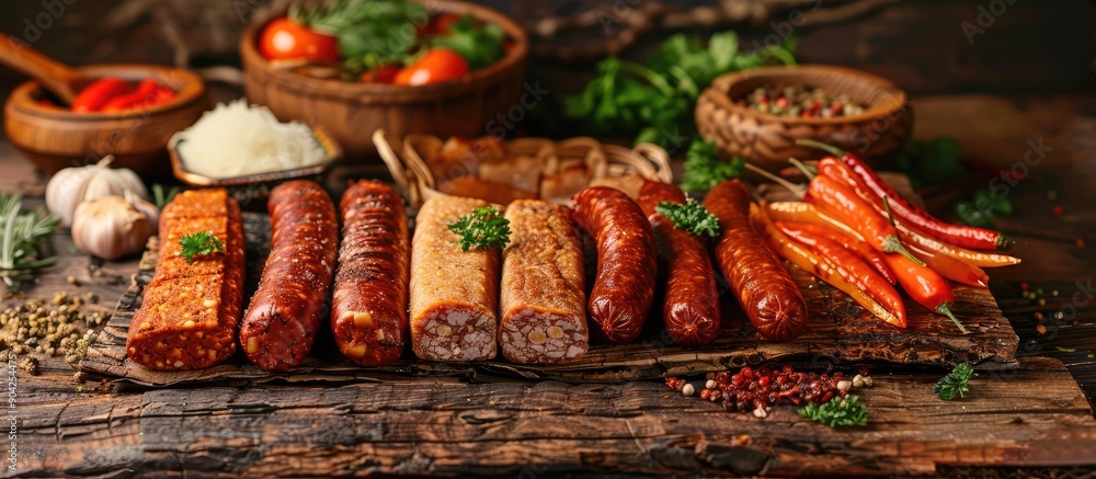 Poster a variety of vegetarian sausages made from plant based ingredients like soy and tofu set on a rustic