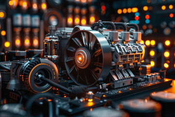 Fototapeta premium A detailed close-up of a complex mechanical engine, showcasing interconnected gears, wires, and illuminated components, likely part of industrial or automotive machinery.