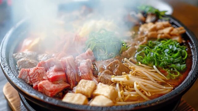 Chinese hot pot sukiyaki has many different kinds of ingredients.