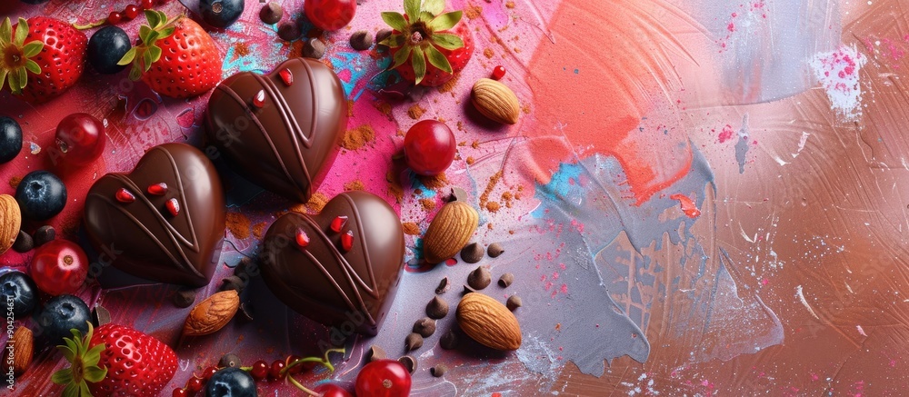 Poster heart shaped chocolate sweets with fruits and nuts atop a colorful backdrop viewed from above suitab