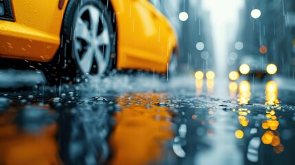 A vibrant yellow taxi splashes through rain-soaked streets, capturing the essence of urban life...