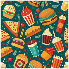 Retro cartoon fast food seamless pattern, sticker.