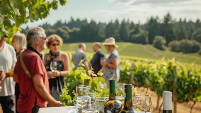 Wine festival vineyard tour with visitors sampling wine varieties.