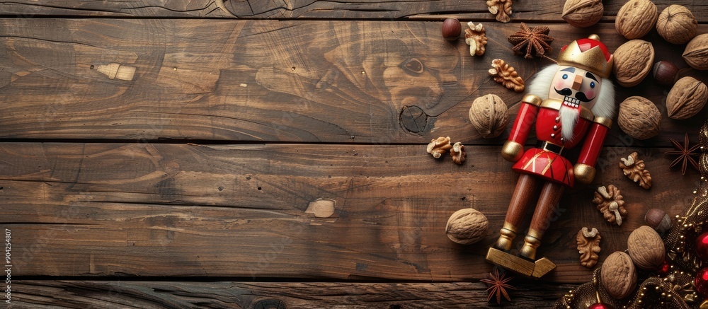 Poster wooden background with walnuts nutcracker and copy space image