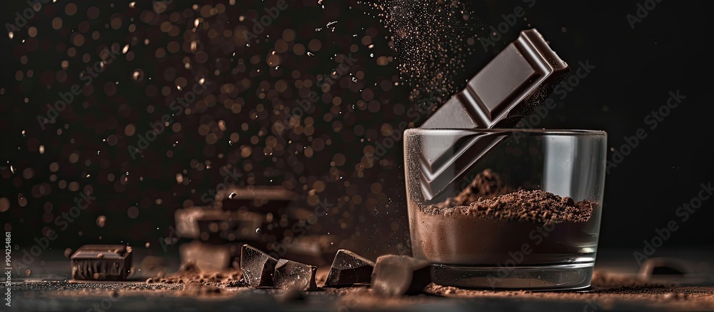 Wall mural A cracked black chocolate bar rests in a glass filled with cocoa powder on a dark background showcasing a copy space image