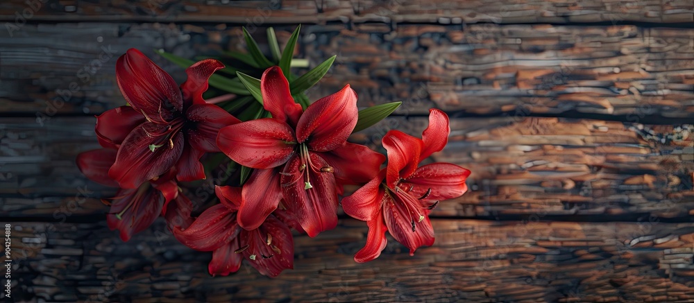 Poster a bouquet of red lily flowers displayed on a wooden surface in a flat lay arrangement ideal for a te