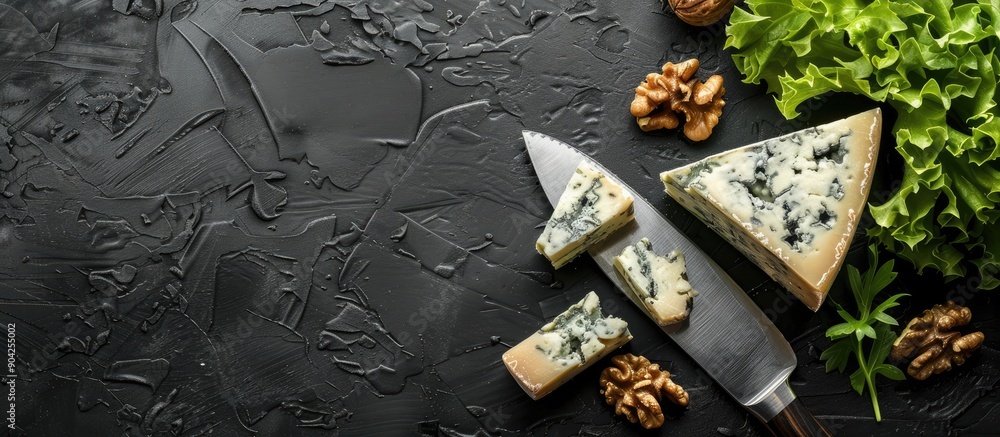 Poster a setup of blue cheese with a knife walnuts and fresh greens on a black background featuring copy sp