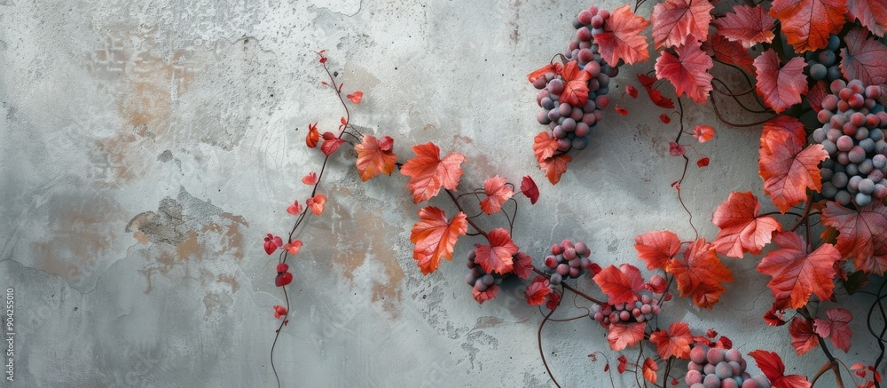 Sticker A stunning image of a red grape vine branch showcasing vibrant red and orange leaves on a concrete wall background offering ample copy space below