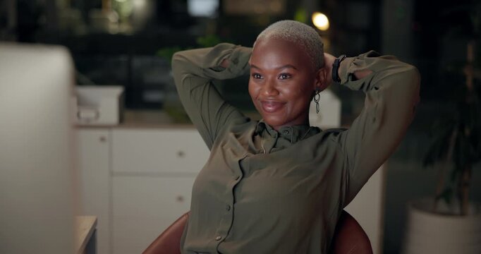 Night, relax and black woman in office with smile, commitment and confidence for deadline schedule. Late, happy and project manager in workplace on break for business growth with pride and mindset