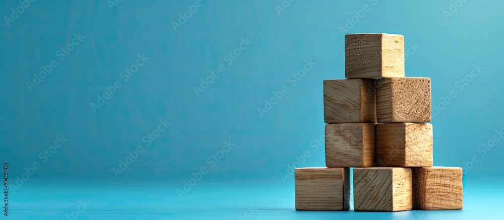 Poster wooden blocks with personal growth message on blue background serving as a symbolic copy space image