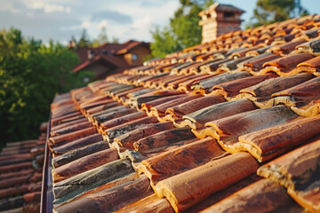 A close-up view of a roof covered with aged, reddish-brown terracotta tiles, with a background of greenery and blurred rooftops.