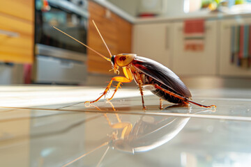 Large  cockroach crawls slowly across a shiny kitchen floor, reflecting its brown exoskeleton in the tiles