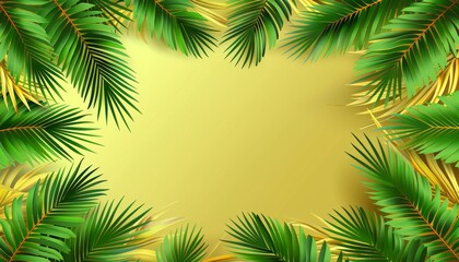 Fototapeta premium Tropical Summer Banner with Palm Leaves on Gold and Green Gradient Background. Vector Illustration.