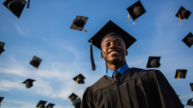 A smiling graduate in a cap and gown stands, with graduation caps being tossed in the sky behind him during a celebratory moment.