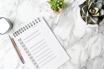 Blank checklist waiting for being filled on bright marble desk with a pen and succulent plants