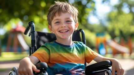 Fototapeta premium Cheerful Young Boy in Wheelchair at Park, Inclusive Playground, Joyful Childhood, Outdoor Fun