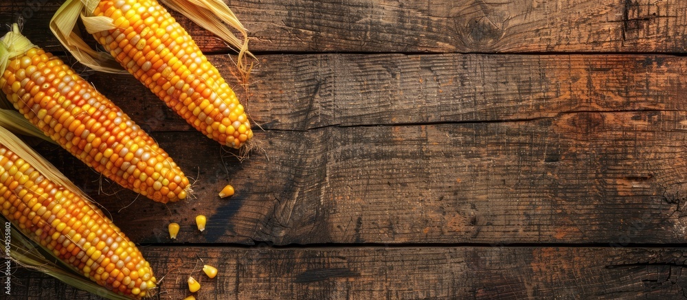 Poster fresh corn on the cob makes a natural appetizing meal or snack displayed on a rustic table with a ba