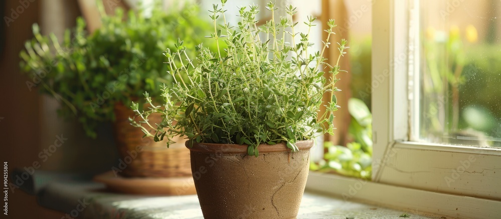 Poster thyme is thriving in a peat pot on a windowsill with ample room for text in the image