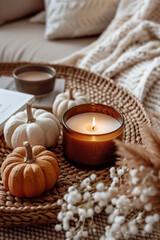 Generative AI illustration. Autumn table setting with burning candles and pumpkins