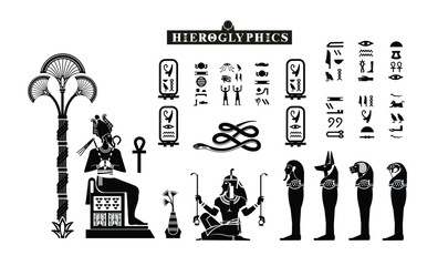Papyrus with elements of ancient Egyptian history, Silhouette of offerings to the god Osiris, illustration of worship culture in papyrus paintings in temples and pyramid hieroglyph walls