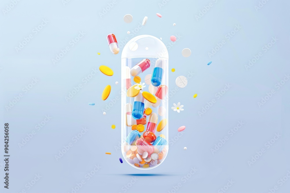 Poster colorful capsule exploding with bright particles