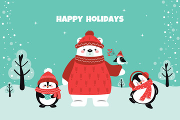 A holiday greeting card with a cute polar bear and penguins. Vector winter design.