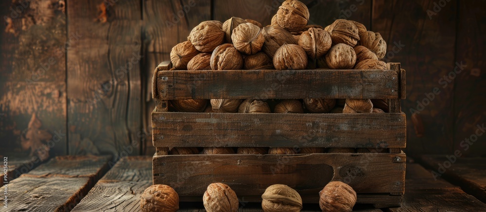 Canvas Prints A wooden crate filled with delicious walnuts displayed against a brown backdrop leaving room for more images. Copy space image. Place for adding text and design