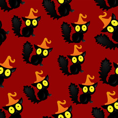 Halloween cats, flat seamless pattern. Vector print Happy Halloween with cats on red background. Print for packaging, fabric, holiday decoration, textile, wallpaper