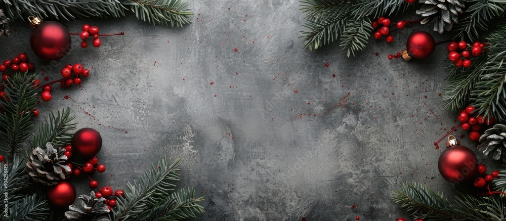 Poster festive christmas card idea with a decorative frame composed of green fir branches red ornaments and