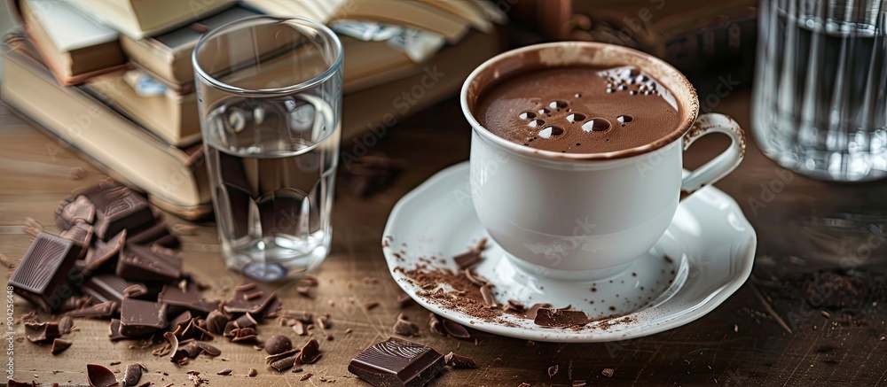 Poster a cup of hot chocolate is displayed on a saucer next to a glass of water with a stack of books and c