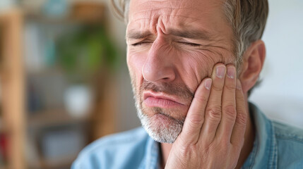 Obraz premium A man with a pained expression is holding his cheek, indicating he may be experiencing toothache or facial pain.