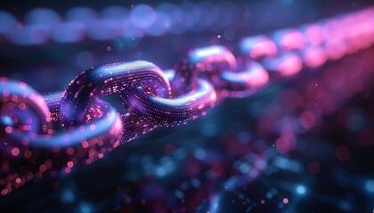 Closeup of digital blockchain links, glowing purple and blue lights, interconnected network