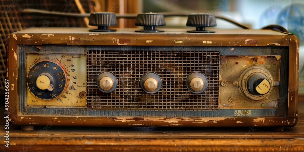 Aufkleber old-fashioned radio with dials and knobs, broadcasting music from another era