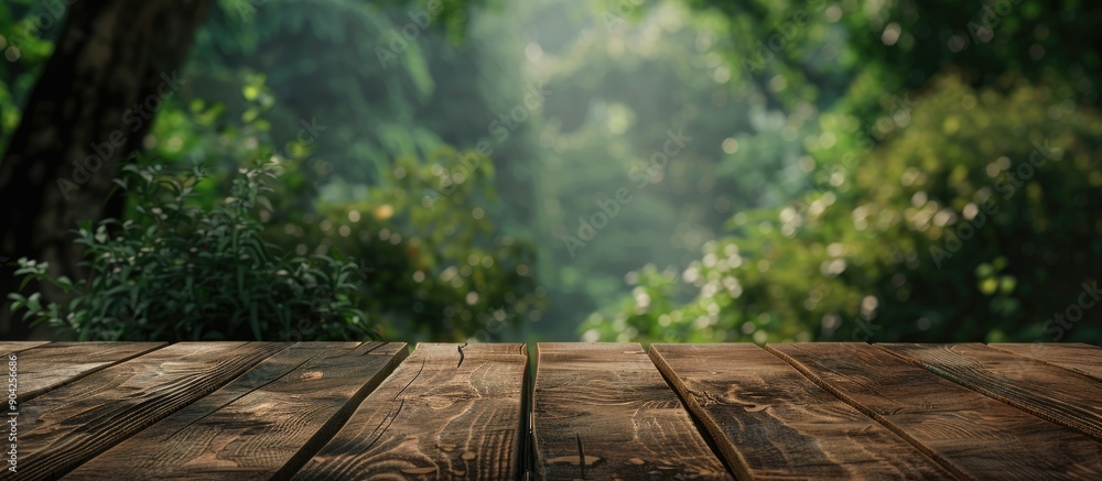Poster wooden desk with rustic texture set against a blurred forest background providing ample copy space f