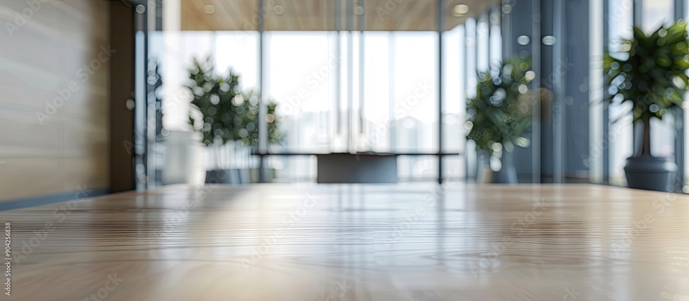 Poster clear table with a modern office lobby in the background ideal for showcasing business products in a