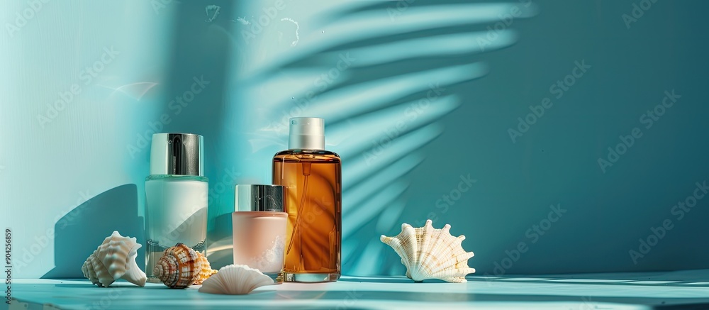 Poster cosmetic bottles jars and a seashell on a blue background providing copy space image