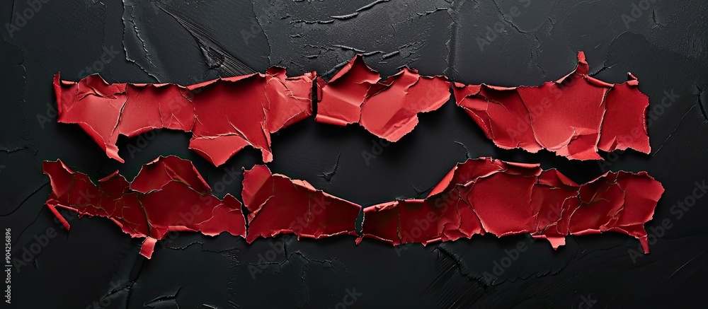 Poster red torn paper set on black background with textured edges copy space image