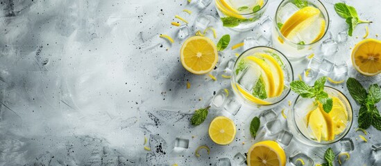 Concrete background with Hugo Spritz cocktails adorned with mint and lemon featuring copy space image